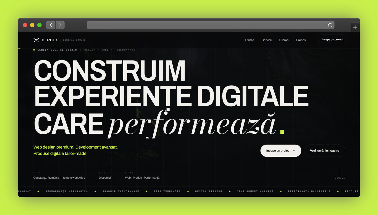 Hero-ul site-ului Cerbex într-o fereastră de browser, pe fundal verde-lime.